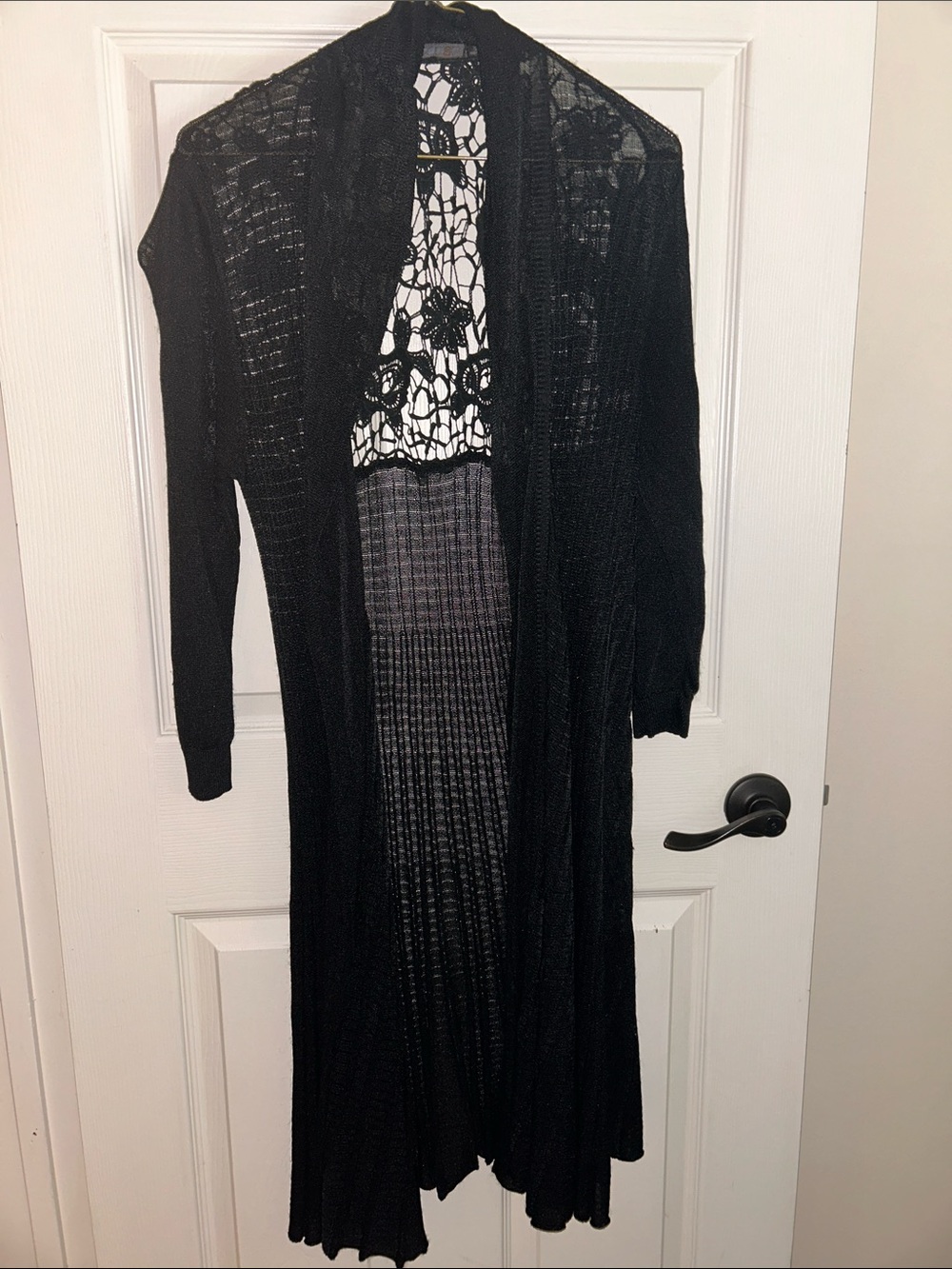 Black Long Open-Front Knit Cardigan with Lace Back